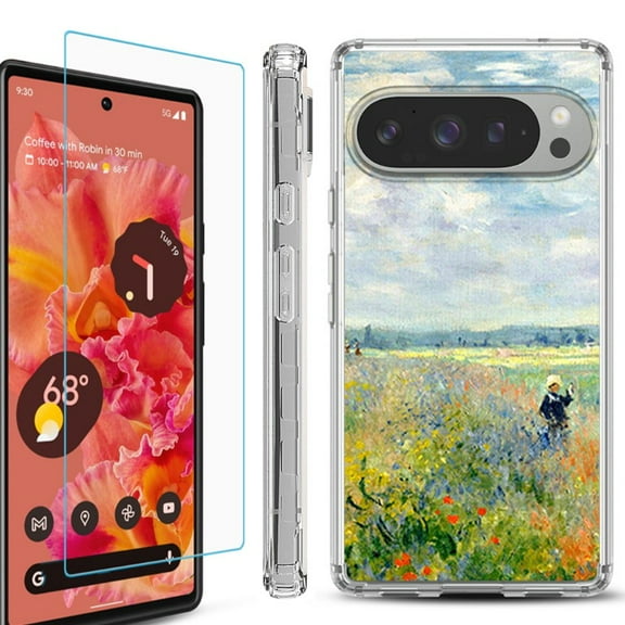 For Google Pixel 9 / 9 Pro Phone Case Cover, Shockproof Bumper Case with Tempered Glass Screen Protector, by OneToughShield - Poppy Field