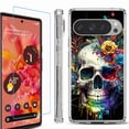 thumbnail image 1 of For Google Pixel 9 / 9 Pro Phone Case Cover, Shockproof Bumper Case with Tempered Glass Screen Protector, by OneToughShield - Skull Flower, 1 of 4