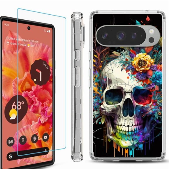 For Google Pixel 9 / 9 Pro Phone Case Cover, Shockproof Bumper Case with Tempered Glass Screen Protector, by OneToughShield - Skull Flower