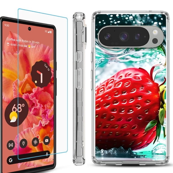For Google Pixel 9 / 9 Pro Phone Case Cover, Shockproof Bumper Case with Tempered Glass Screen Protector, by OneToughShield - Strawberry