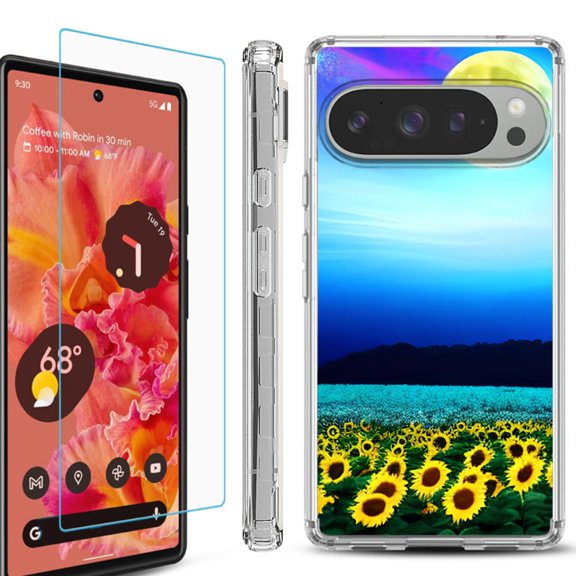 For Google Pixel 9 / 9 Pro Phone Case Cover, Shockproof Bumper Case with Tempered Glass Screen Protector, by OneToughShield - Sunflower Moon