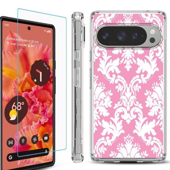 For Google Pixel 9 / 9 Pro Phone Case Cover, Shockproof Bumper Case with Tempered Glass Screen Protector, by OneToughShield - Victorian White/Pink