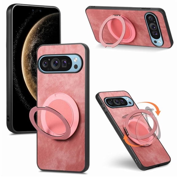 For Google Pixel 9 Pro/10 Pro XL Case Retro Leather Circular Rotating Stand Shockproof Phone Case,Pink