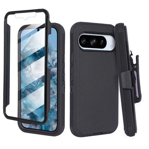 For Google Pixel 9 Pro Case with Belt Clip, Defender Full Protection Built in Screen & Rotating Belt Clip Holster with Built in Kickstand Black