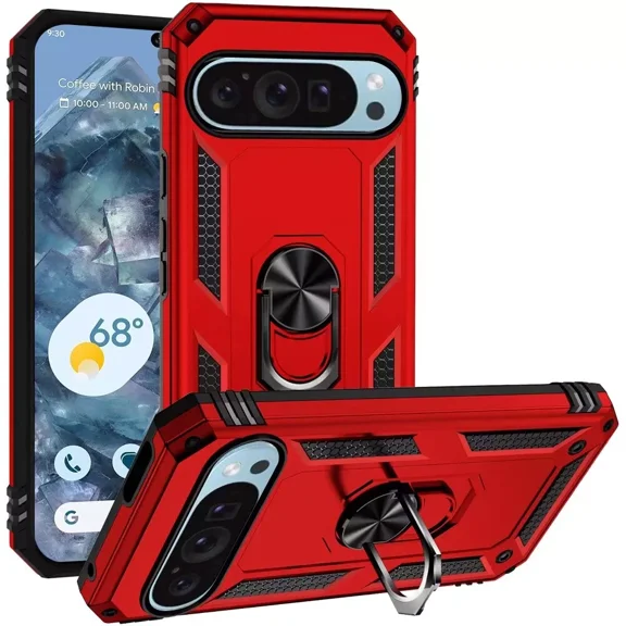 For Google Pixel 9 Pro XL 6.8" Ring Kickstand Phone Cover Case - SHRG Red