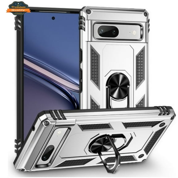 For Google Pixel 9 Pro XL (6.8") Shockproof Hybrid Dual Layer PC TPU with Ring Stand Metal Kickstand Heavy Duty Armor Shell Cover ,Xpm Phone Case [ Silver ]