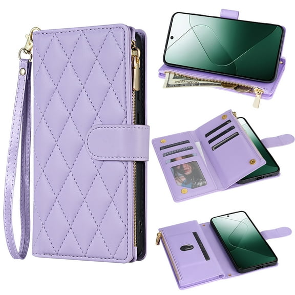 For Google Pixel 9 Pro XL Crossbody Phone Case with Card Holder,Diamond Pattern PU Leather Wallet Case,Flip Case Folio Magnetic Kickstand Cover With Card Slots,With Long Lanyard&Wrist Strap,Purple