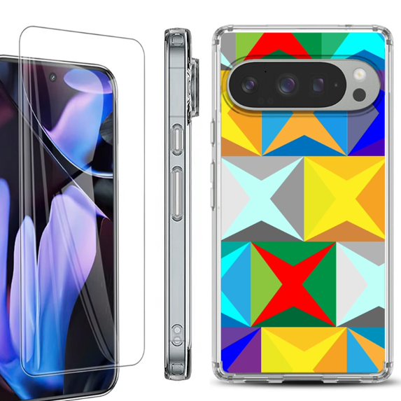 For Google Pixel 9 Pro XL Phone Case Cover, Shockproof Bumper Case with Tempered Glass Screen Protector, by OneToughShield - Abstract Color