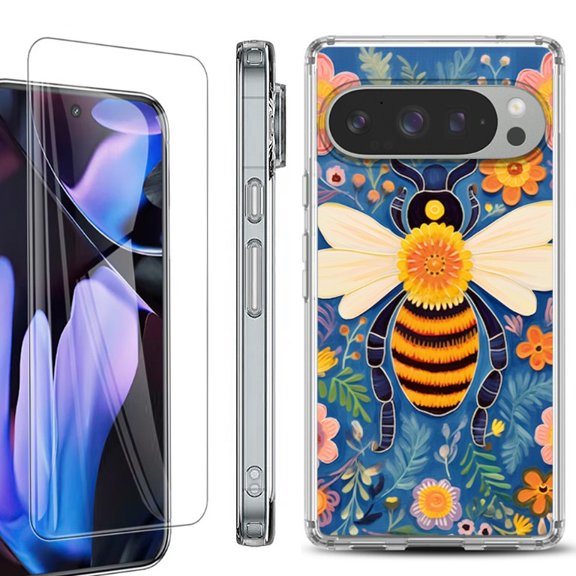 For Google Pixel 9 Pro XL Phone Case Cover, Shockproof Bumper Case with Tempered Glass Screen Protector, by OneToughShield - Bee Flower