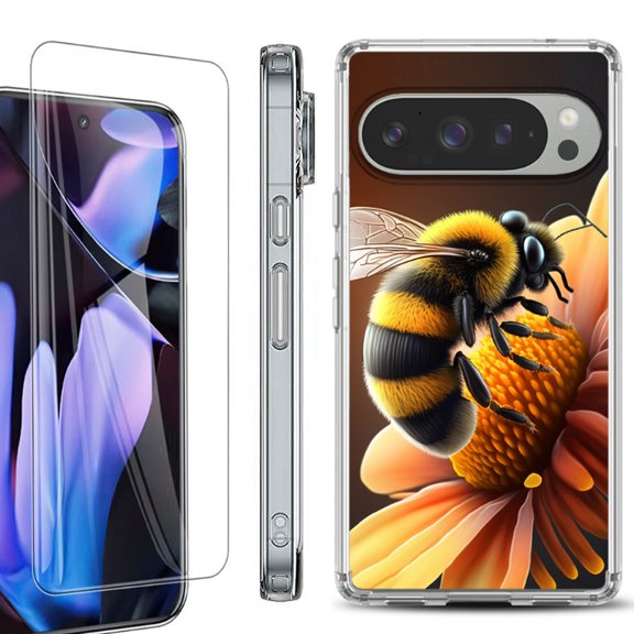 For Google Pixel 9 Pro XL Phone Case Cover, Shockproof Bumper Case with Tempered Glass Screen Protector, by OneToughShield - Bee