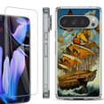 thumbnail image 1 of For Google Pixel 9 Pro XL Phone Case Cover, Shockproof Bumper Case with Tempered Glass Screen Protector, by OneToughShield - Butterfly Ship, 1 of 4