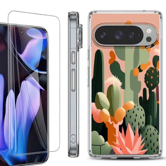 For Google Pixel 9 Pro XL Phone Case Cover, Shockproof Bumper Case with Tempered Glass Screen Protector, by OneToughShield - Cactus