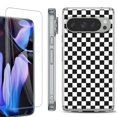 thumbnail image 1 of For Google Pixel 9 Pro XL Phone Case Cover, Shockproof Bumper Case with Tempered Glass Screen Protector, by OneToughShield - Checker B/W, 1 of 4