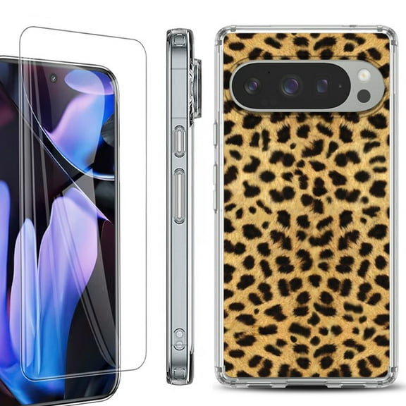 For Google Pixel 9 Pro XL Phone Case Cover, Shockproof Bumper Case with Tempered Glass Screen Protector, by OneToughShield - Cheetah Gold/Black