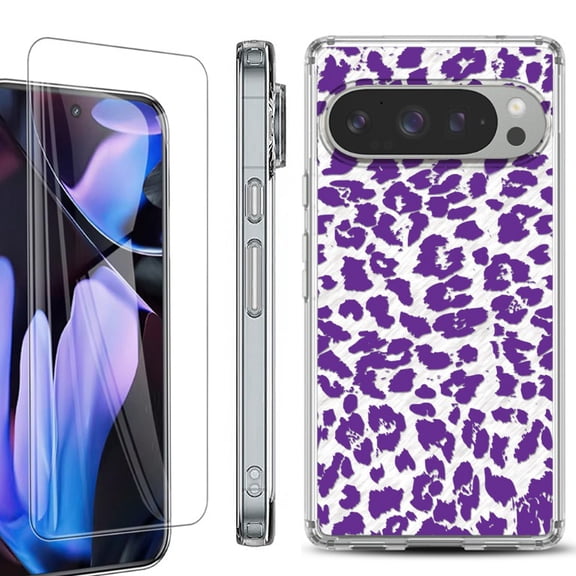 For Google Pixel 9 Pro XL Phone Case Cover, Shockproof Bumper Case with Tempered Glass Screen Protector, by OneToughShield - Cheetah Purple