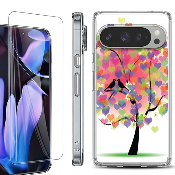For Google Pixel 9 Pro XL Phone Case Cover, Shockproof Bumper Case with Tempered Glass Screen Protector, by OneToughShield - Color Hearts Tree