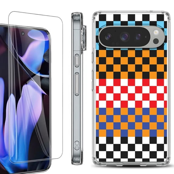 For Google Pixel 9 Pro XL Phone Case Cover, Shockproof Bumper Case with Tempered Glass Screen Protector, by OneToughShield - Colorful Checker