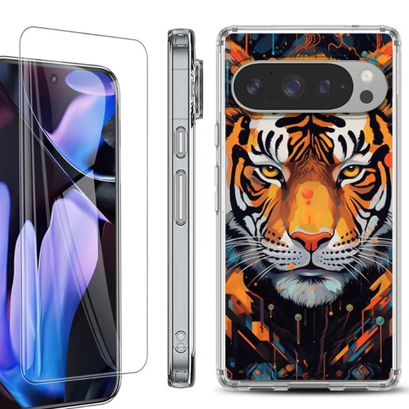 For Google Pixel 9 Pro XL Phone Case Cover, Shockproof Bumper Case with Tempered Glass Screen Protector, by OneToughShield - Cyberpunk Tiger
