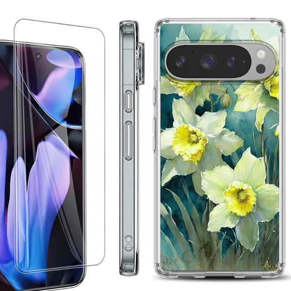 For Google Pixel 9 Pro XL Phone Case Cover, Shockproof Bumper Case with Tempered Glass Screen Protector, by OneToughShield - Daffodils