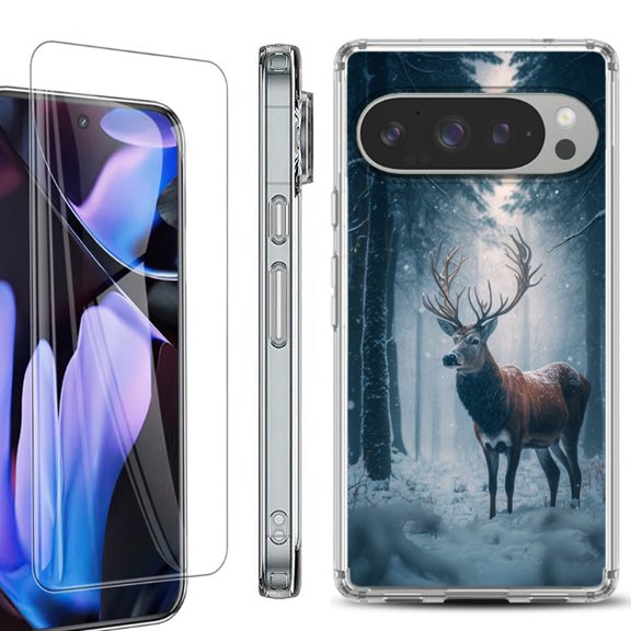 For Google Pixel 9 Pro XL Phone Case Cover, Shockproof Bumper Case with Tempered Glass Screen Protector, by OneToughShield - Deer Winter
