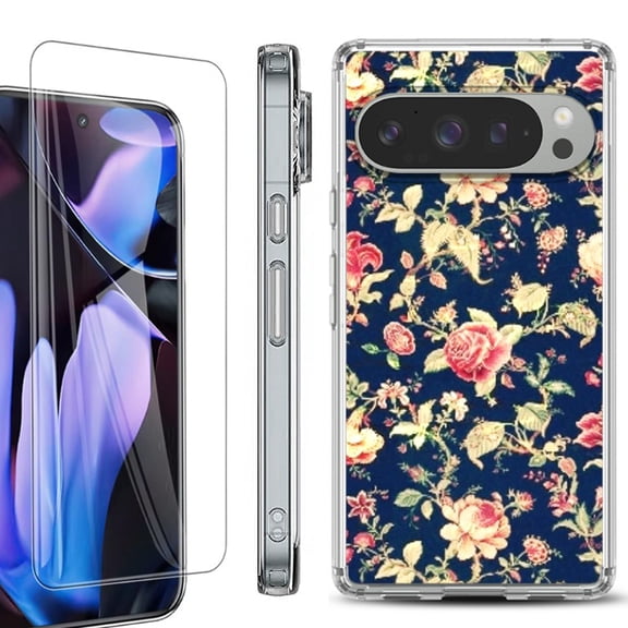 For Google Pixel 9 Pro XL Phone Case Cover, Shockproof Bumper Case with Tempered Glass Screen Protector, by OneToughShield - Floral Garden