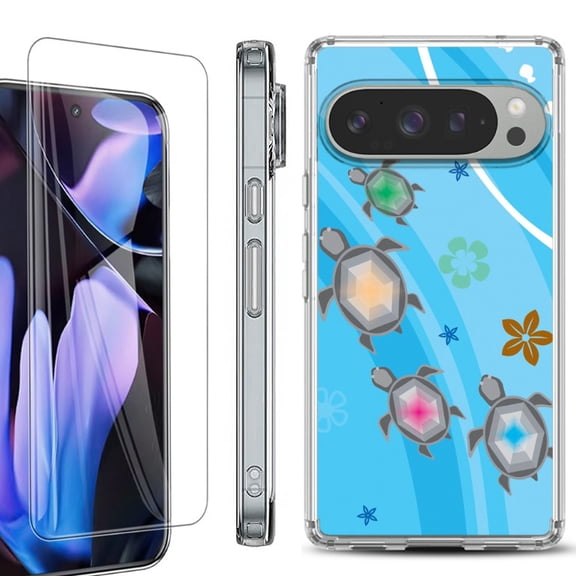 For Google Pixel 9 Pro XL Phone Case Cover, Shockproof Bumper Case with Tempered Glass Screen Protector, by OneToughShield - Happy Turtle