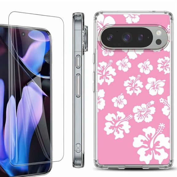 For Google Pixel 9 Pro XL Phone Case Cover, Shockproof Bumper Case with Tempered Glass Screen Protector, by OneToughShield - Hibiscus Pink