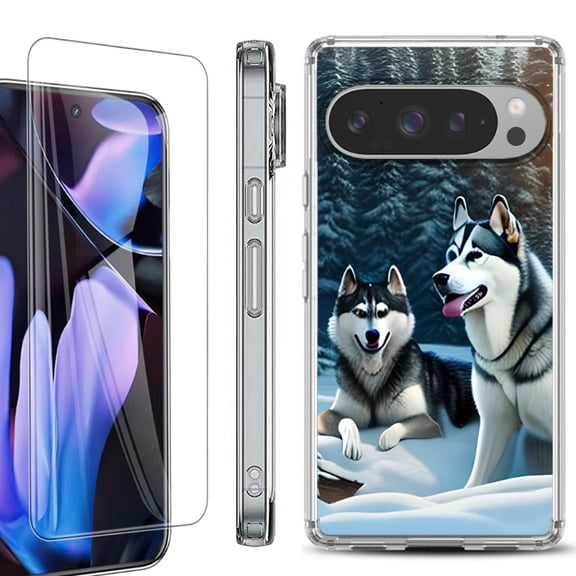 For Google Pixel 9 Pro XL Phone Case Cover, Shockproof Bumper Case with Tempered Glass Screen Protector, by OneToughShield - Husky Snow
