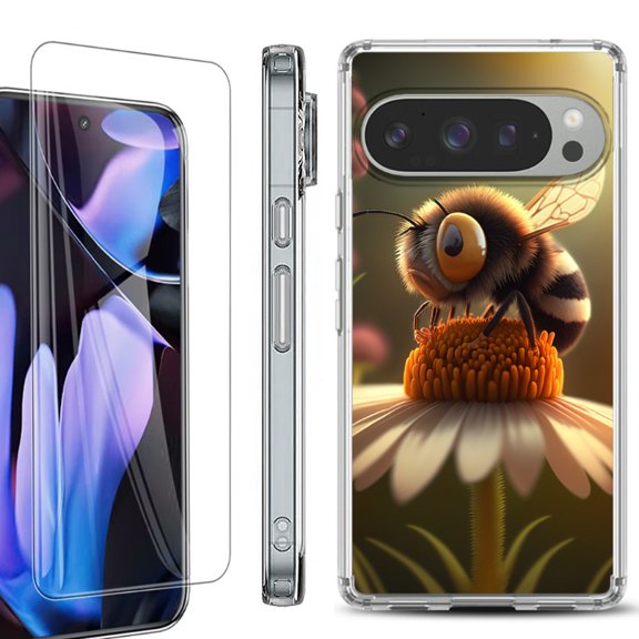 For Google Pixel 9 Pro XL Phone Case Cover, Shockproof Bumper Case with Tempered Glass Screen Protector, by OneToughShield - Little Bee