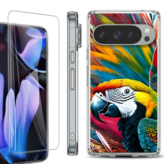 For Google Pixel 9 Pro XL Phone Case Cover, Shockproof Bumper Case with Tempered Glass Screen Protector, by OneToughShield - Macaw