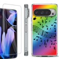 thumbnail image 1 of For Google Pixel 9 Pro XL Phone Case Cover, Shockproof Bumper Case with Tempered Glass Screen Protector, by OneToughShield - Music Notes / Rainbow, 1 of 4