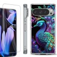 thumbnail image 1 of For Google Pixel 9 Pro XL Phone Case Cover, Shockproof Bumper Case with Tempered Glass Screen Protector, by OneToughShield - Neon Peacock, 1 of 4