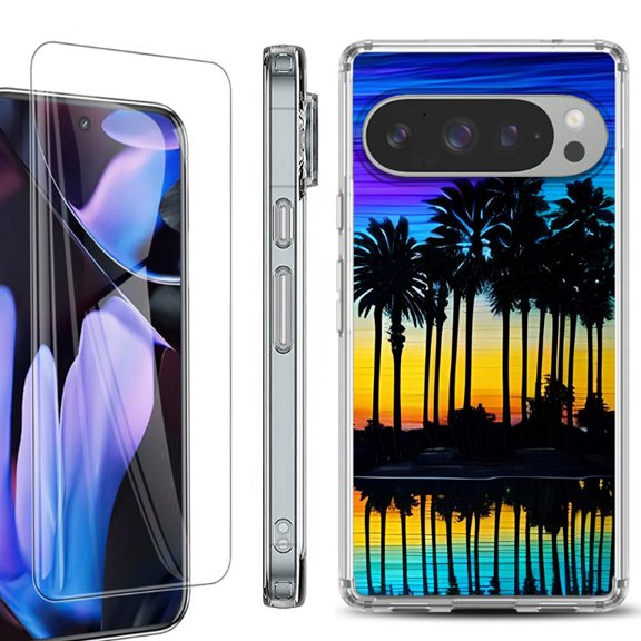 For Google Pixel 9 Pro XL Phone Case Cover, Shockproof Bumper Case with Tempered Glass Screen Protector, by OneToughShield - Palmtree