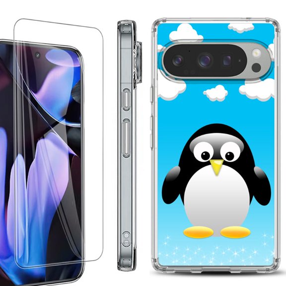 For Google Pixel 9 Pro XL Phone Case Cover, Shockproof Bumper Case with Tempered Glass Screen Protector, by OneToughShield - Penguin