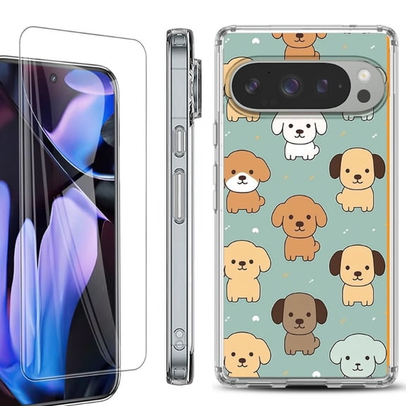 For Google Pixel 9 Pro XL Phone Case Cover, Shockproof Bumper Case with Tempered Glass Screen Protector, by OneToughShield - Puppies