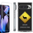 thumbnail image 1 of For Google Pixel 9 Pro XL Phone Case Cover, Shockproof Bumper Case with Tempered Glass Screen Protector, by OneToughShield - Road Sign Deer, 1 of 4