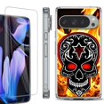 thumbnail image 1 of For Google Pixel 9 Pro XL Phone Case Cover, Shockproof Bumper Case with Tempered Glass Screen Protector, by OneToughShield - Skull Flames, 1 of 4