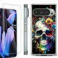 thumbnail image 1 of For Google Pixel 9 Pro XL Phone Case Cover, Shockproof Bumper Case with Tempered Glass Screen Protector, by OneToughShield - Skull Flower, 1 of 4