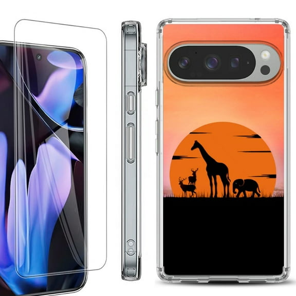 For Google Pixel 9 Pro XL Phone Case Cover, Shockproof Bumper Case with Tempered Glass Screen Protector, by OneToughShield - Sunset Safari