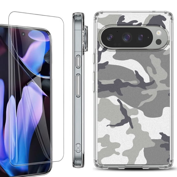 For Google Pixel 9 Pro XL Phone Case Cover, Shockproof Bumper Case with Tempered Glass Screen Protector, by OneToughShield - Urban Camo
