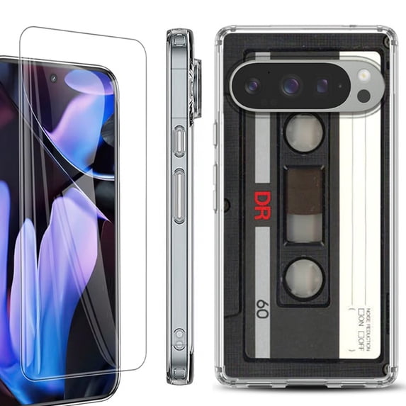 For Google Pixel 9 Pro XL Phone Case Cover, Shockproof Bumper Case with Tempered Glass Screen Protector, by OneToughShield - Vintage Cassette