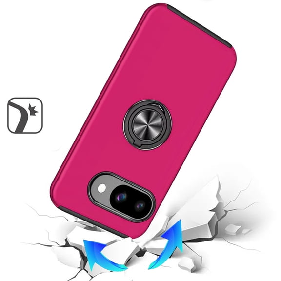 For Google Pixel 9A Case, Hybrid 360 Degree Rotatable Metal Invisible Ring Stand Holder Slim Fit Magnetic Car Mount Shockproof Phone Cover (Hot Pink)