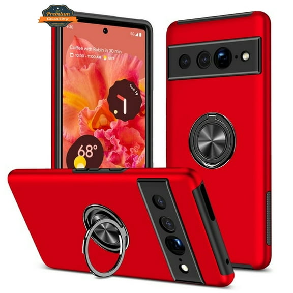For Google Pixel 9A Military Grade Hybrid Case with Flat Metal Ring 360° Rotation Kickstand, Slim Fit Back Hard PC Phone Case Cover Red