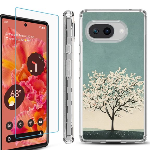 For Google Pixel 9a Phone Case Cover, Shockproof Bumper Case with Tempered Glass Screen Protector, by OneToughShield - Almond Tree Breeze