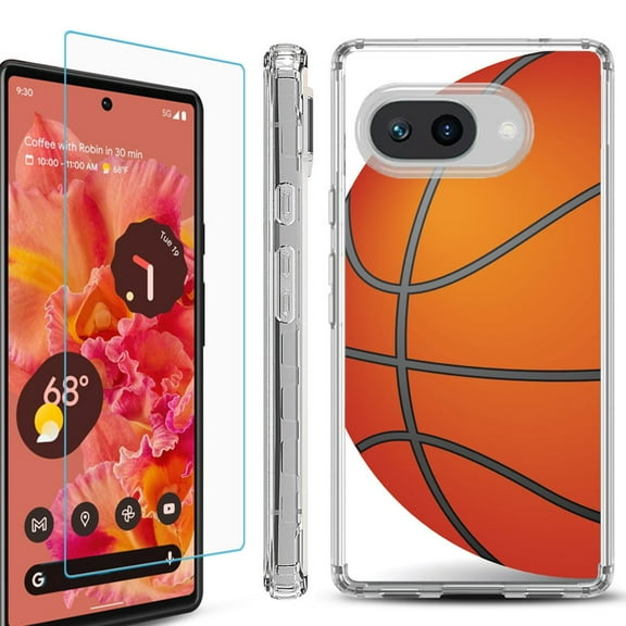 For Google Pixel 9a Phone Case Cover, Shockproof Bumper Case with Tempered Glass Screen Protector, by OneToughShield - Basketball