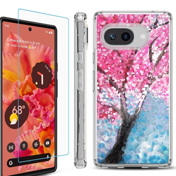 For Google Pixel 9a Phone Case Cover, Shockproof Bumper Case with Tempered Glass Screen Protector, by OneToughShield - Blossom Paint