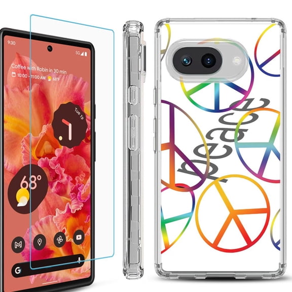 For Google Pixel 9a Phone Case Cover, Shockproof Bumper Case with Tempered Glass Screen Protector, by OneToughShield - Colorful Peace