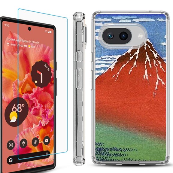 For Google Pixel 9a Phone Case Cover, Shockproof Bumper Case with Tempered Glass Screen Protector, by OneToughShield - Fuji Morning