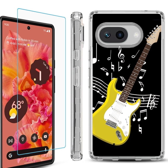 For Google Pixel 9a Phone Case Cover, Shockproof Bumper Case with Tempered Glass Screen Protector, by OneToughShield - Guitar Yellow