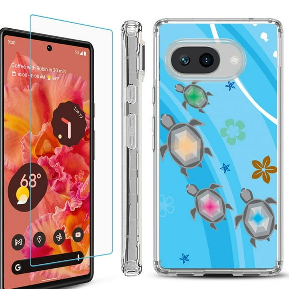 For Google Pixel 9a Phone Case Cover, Shockproof Bumper Case with Tempered Glass Screen Protector, by OneToughShield - Happy Turtle